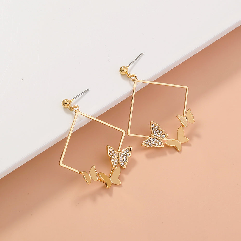 Geometric fashion diamond studded butterfly earrings