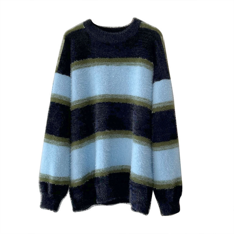 Contrast Striped Pullover Fuzzy Knit Sweater