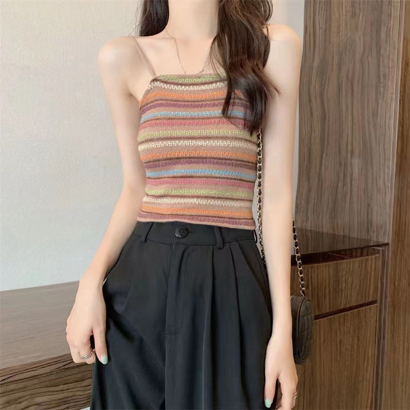 Color Block Striped Knitted Crop Cami Top