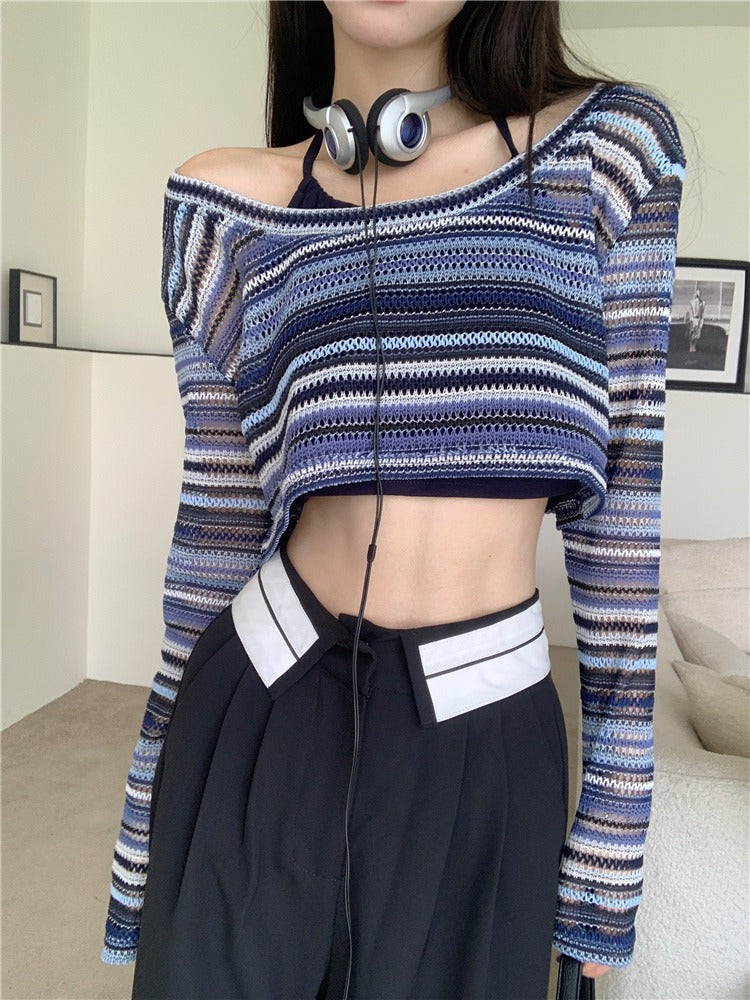 Contrast Striped Crochet Knit Crop Top