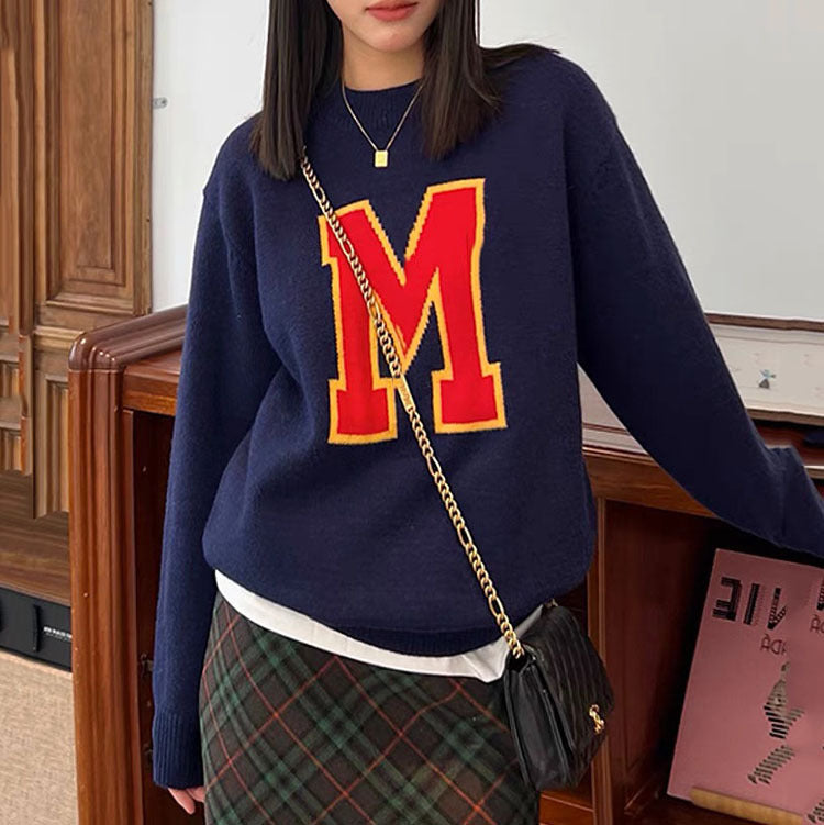 Contrast Color Letter Jacquard Knit Sweater