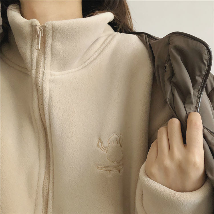 Embroidery Zip Up Fleece Jacket