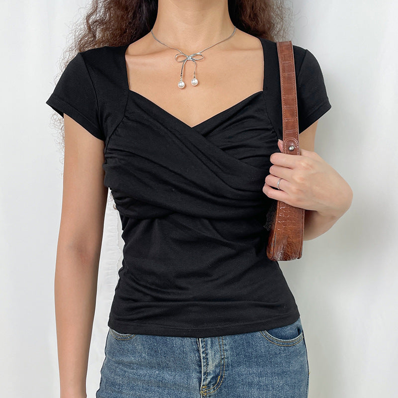 Criss Cross Ruched V Neck Tee