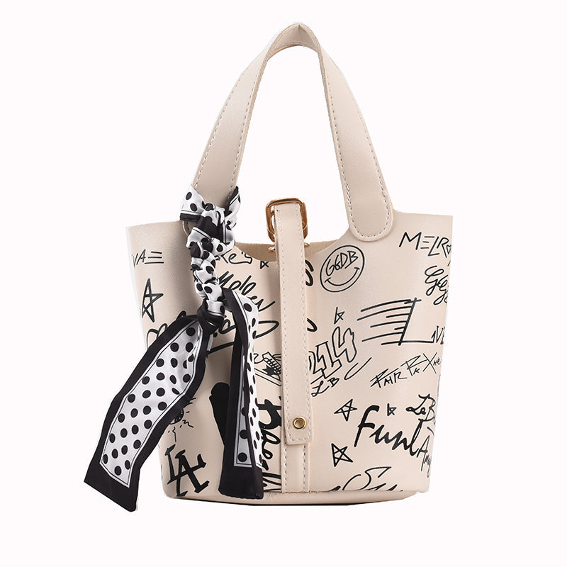 Cartoon Print Silk Scarf Bucket Bag