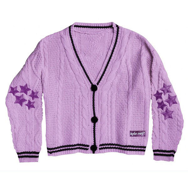 Oversize Star Embroidered Cable Knit Cardigan