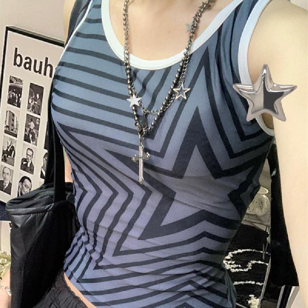 Contrast Trim Star Print Vintage Tank Top