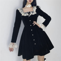 Elegant Square Neck High Waist Long Sleeve Velvet Dress