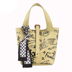 Cartoon Print Silk Scarf Bucket Bag