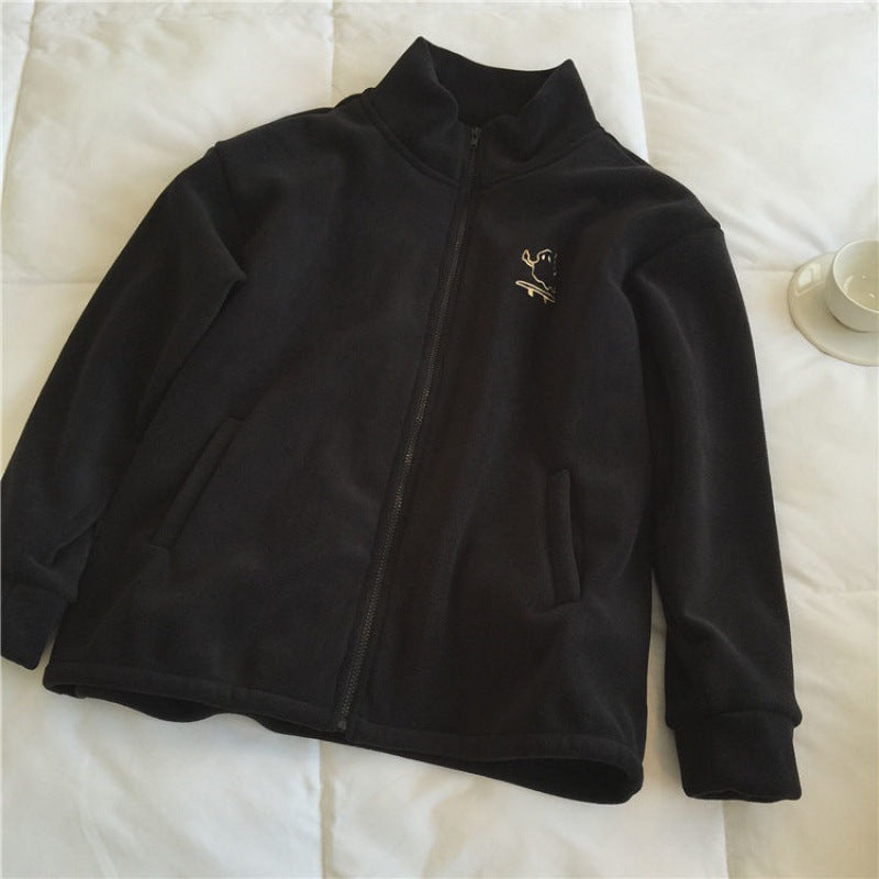 Embroidery Zip Up Fleece Jacket