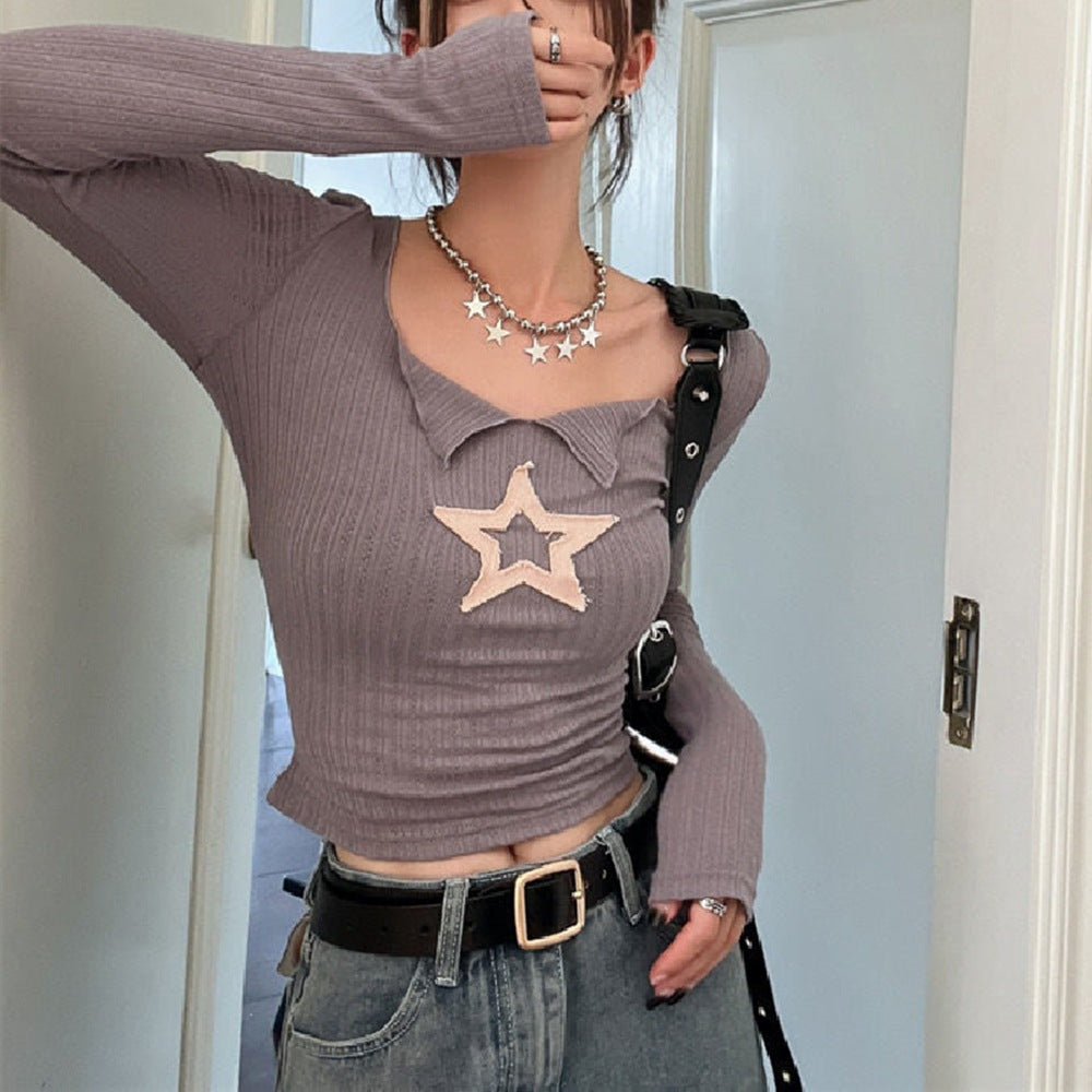 Star Patch Long Sleeve Knit Crop Top