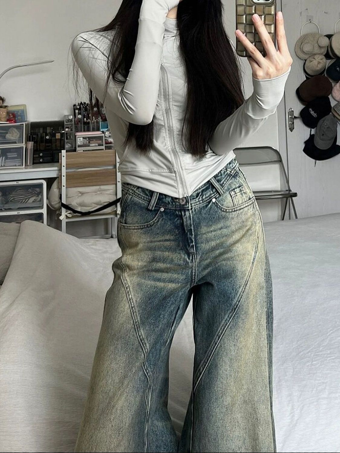 Distressed Washed Splice Design Loose Boyfriend Jeans