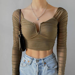 Ruched Mesh Long Sleeve Crop Top