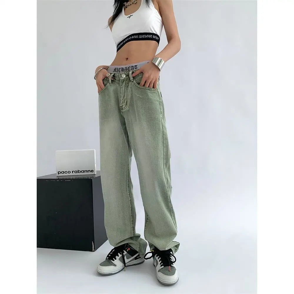 High-waisted Washed Cargo Jeans