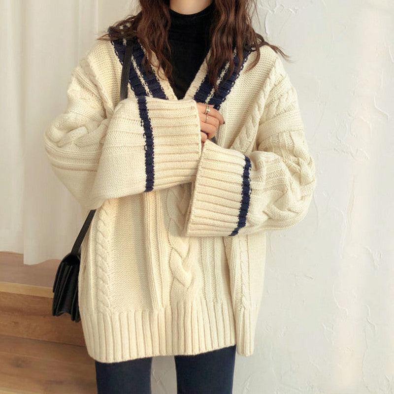 Contrast Color V Neck Cable Knit Sweater