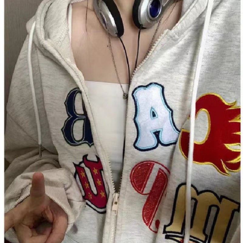 Aesthetic Embroidery Letters Zip Up Hoodie