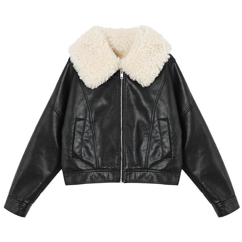 Lamb Wool Collar Pu Leather Jacket