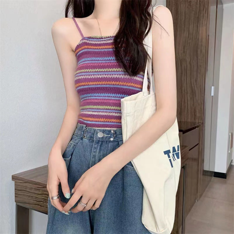 Color Block Striped Knitted Crop Cami Top