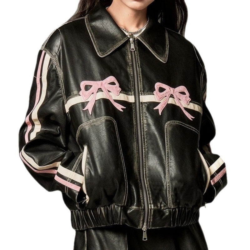 Bow Embroidery Piping Details Leather Jacket