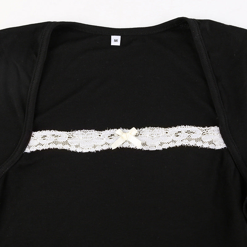 French Lace Trim Splice Slim Long Sleeve Tee