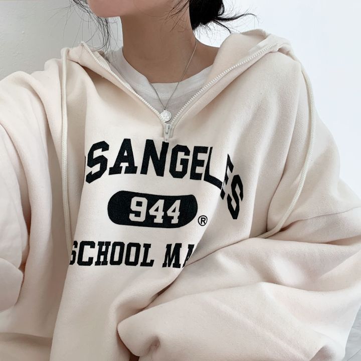 Vintage Letter Print Half Zip Oversized Hoodie