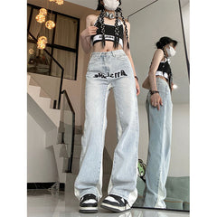 Contrast Letter Patchwork Straight Jeans