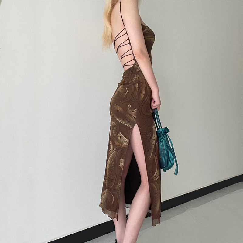 Retro Print Backless Strap Sexy Sling Maxi Dress