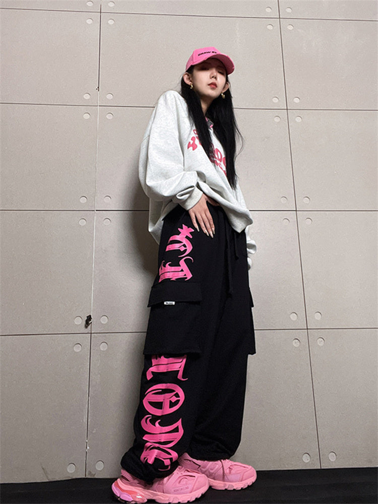 Gothic Letter Pocket Patch Wide Leg Sweatpants