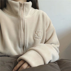 Embroidery Zip Up Fleece Jacket