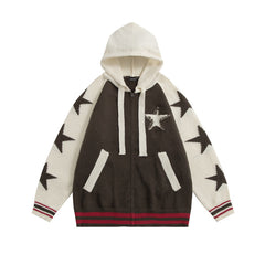 Contrast Star Jacquard Hooded Zip Up Cardigan