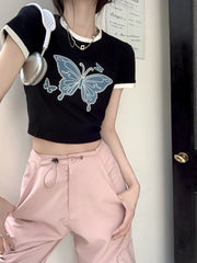 Cropped Tie Back Butterfly Ringer Tee