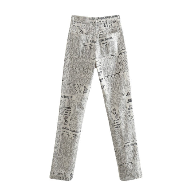 Newspaper Print Washed Boyfriend Jeans