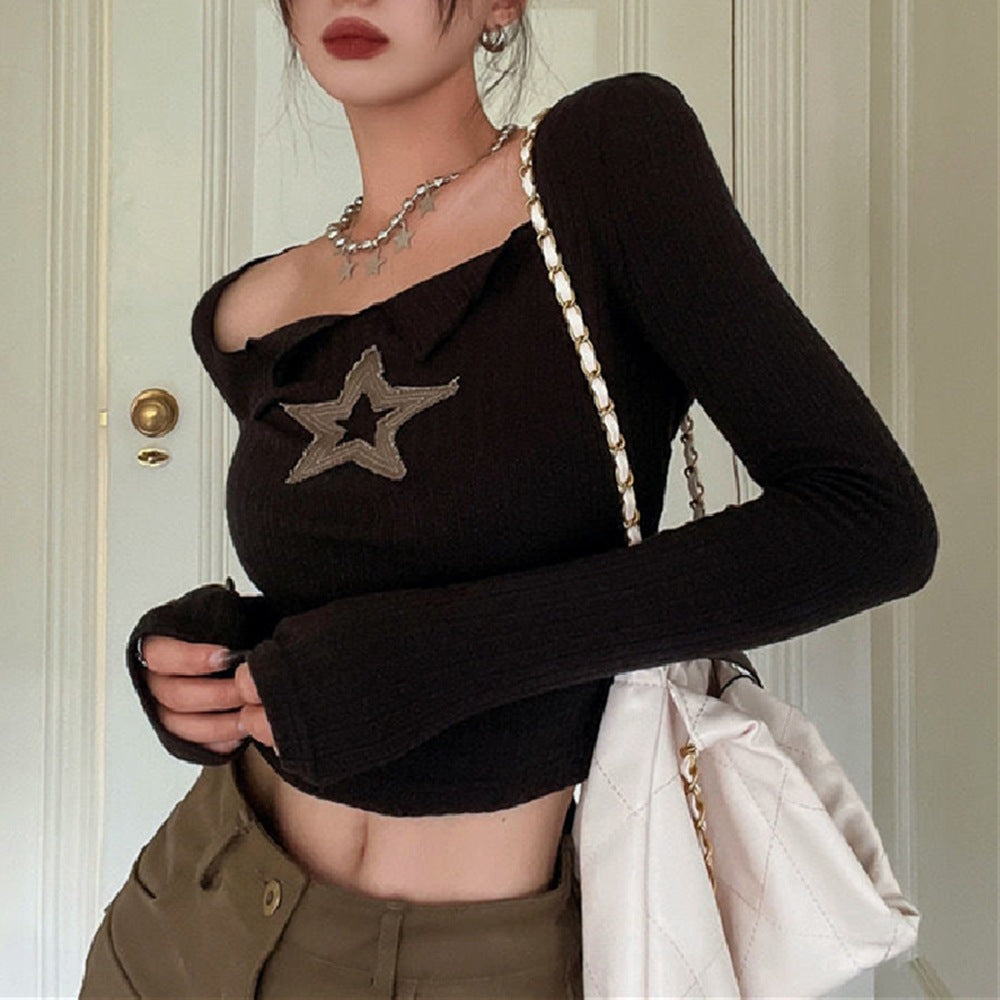 Star Patch Long Sleeve Knit Crop Top