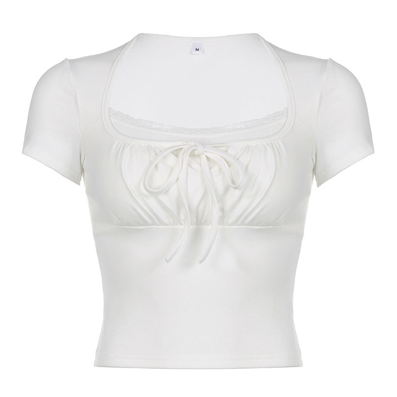 Tie Front Patchwork White Crop Top