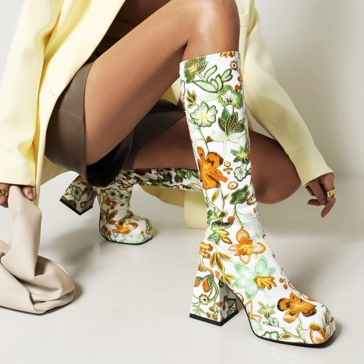 Colorful Floral Square Toe Boots