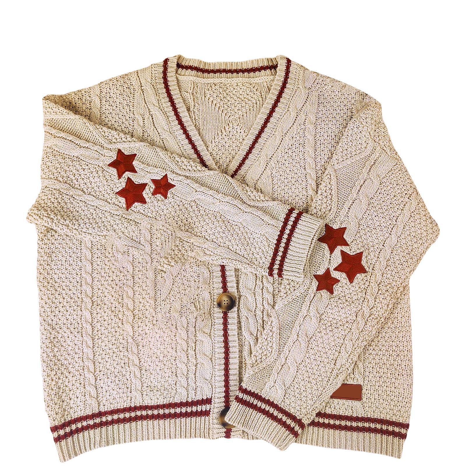 Oversize Star Embroidered Cable Knit Cardigan