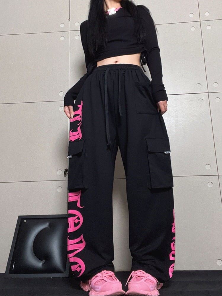 Gothic Letter Pocket Patch Wide Leg Sweatpants