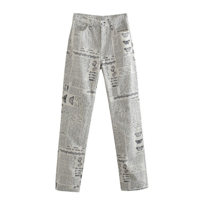 Newspaper Print Washed Boyfriend Jeans