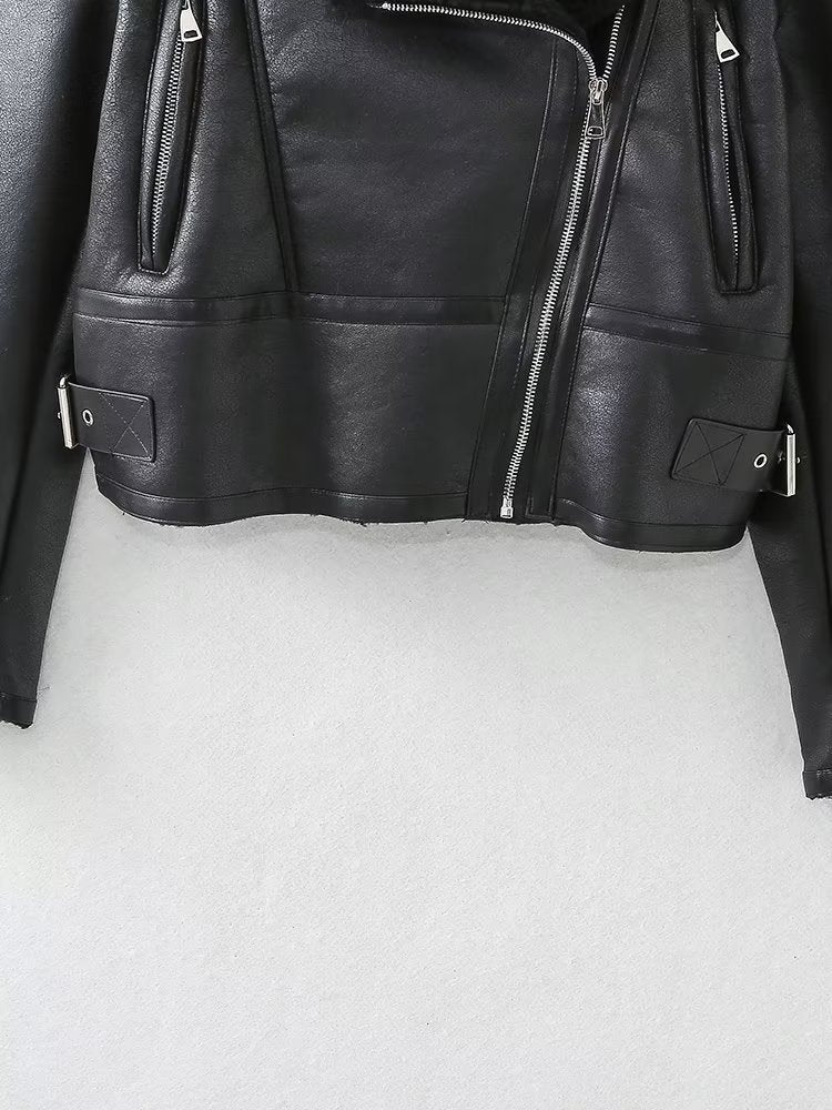 Lamb Wool Zip Up Pu Leather Jacket