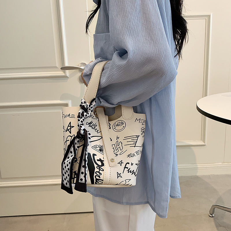 Cartoon Print Silk Scarf Bucket Bag