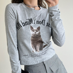 Aesthetic Cat Print Long Sleeve Crop Top