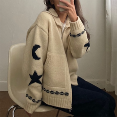 Aesthetic Moon Star Print Zip Up Cardigan