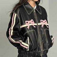 Bow Embroidery Piping Details Leather Jacket