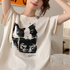 Casual cat Print Short Sleeves Oversized Tee