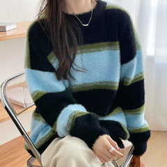 Contrast Striped Pullover Fuzzy Knit Sweater