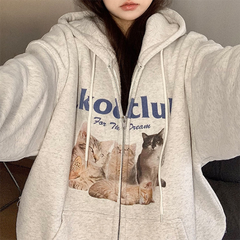 Cute Cats Print Oversized Zip Up Hoodie