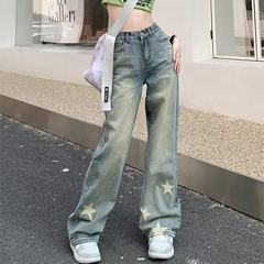 Distressed Star Print Wide-leg Jeans