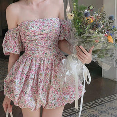 Floral A-Swing Off Shoulders Mini Dress