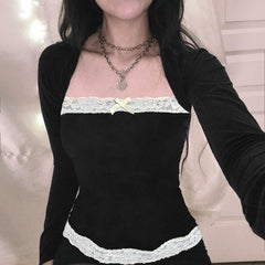 French Lace Trim Splice Slim Long Sleeve Tee