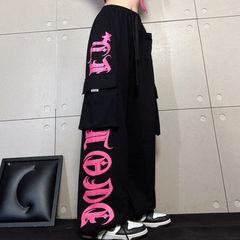 Gothic Letter Pocket Patch Wide Leg Sweatpants