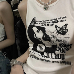 Gothic Punk Printed Rib Crop Tank Top